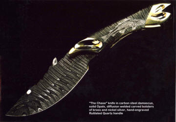"The Chase" knife sculpture knife has a clear rutilated quartz handle that is engraved on the inside with the skeleton of a fish