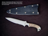 "Nemean" tactical combat knife, obverse side view: 440C high chromium stainless steel blade, 304 stainless steel bolsters, coarse canvas micarta phenolic handle, kydex, aluminum, nickel plated steel sheath