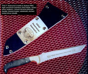 PJLT Instructors knife in linen micarta, etched 440C blade, etched nickel silver flashplate