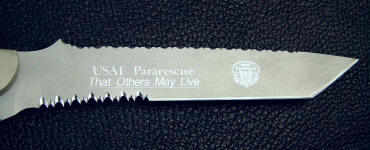 PJLT USAF Pararescue inscription, dedication machine engraved on knife blade