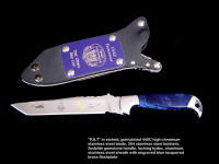 PJLT, mirror finished blade, gold and etching, stainless bolsters, Sodalite gemstone handle, locking knife sheath