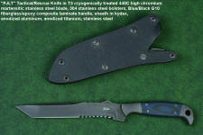 "PJLT" Tactical, combat, rescue knife in T3 cryogenically treated 440C high chromium martensitic stainless steel blade, 304 austenitic stainless steel bolsters, black/blue G10 fiberglass reinforced epoxy laminate composite handle, locking kydex, anodized aluminum, titanium, stainless steel sheath