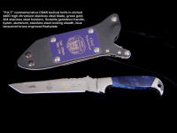 "PJLT" United States Air Force Pararescue commemorative knife in etched, gold, 440C high chromium stainless steel blade, 304 stainless steel bolsters, Sodalite gemstone handle, locking kydex, aluminum, stainless steel sheath