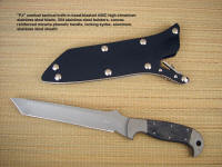 "PJ" Pararescue style tactical knife, obverse side view in 440C high chromium stainless steel blade, 304 stainless steel bolsters, canvas micarta phenolic handle, locking kydex, aluminum, stainless steel sheath