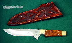 "Paraeagle" obverse side view in etched 440C high chromium stainless steel blade, brass bolsters, Desert Ironwood hardwood handle, hand-carved leather sheath