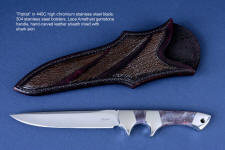 "Patriot" obverse side view in 440C high chromium stainless steel blade, 304 stainless steel bolsters, Lace Amethyst gemstone handle, shark skin inlaid in hand-carved leather sheath