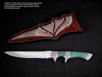 "Patriot" 440C high chromium hollow ground stainless steel blade, hand-engraved 304 stainless steel bolsters, Ruby in Zoisite Gemstone handle, Frog skin inlaid in hand-carved leather sheath
