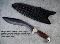 "Phlegra" Khukri, Obverse side view: bead blasted, hot blued O-1 high carbon tungsten vanadium tool steel blade, 304 stainless steel bolsters, Ziricote exotic hardwood handle, hand-tooled leather sheath