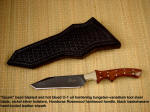 "Quark" bead blasted, hot blued O-1 high carbon tungsten-vanadium tool steel blade, nickel silver bolsters, Honduras Rosewood handle, hand-tooled leather sheath