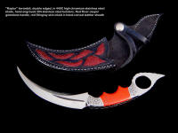 "Raptor" kerambit collector's knife in double edged 440c stainless steel blade, hand-engraved 304 stainless steel bolsters, Indian Red River Jasper gemstone handle, red stingray skin inlaid in hand-carved leather sheath