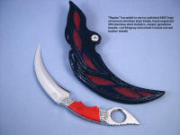 "Raptor" kerambit (Manicouagan) obverse side view in 440C high chromium stainless steel blade, hand-engraved 304 stainless steel bolsters, Jasper gemstone handle, red stingray skin inlaid in hand-carved leather sheath