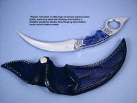 "Raptor" kerambit (Tunguska) obverse side view in mirror polished 440C high chromium stainless tool steel blade, hand-engraved 304 stainless steel bolsters, Sodalite gemstone handle, blue stingray skin inlaid in hand-carved leather sheath