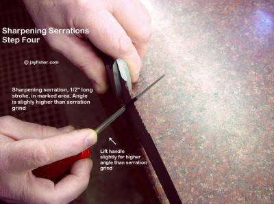 Sharpening knife blade serrations, positioning the rod, sharpening