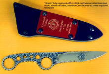 "Shank" in hand-engraved 440C high chromium stainess steel blade, tension fit kydex, aluminum, blued steel sheath, International Association of Firefighters commemorative edition