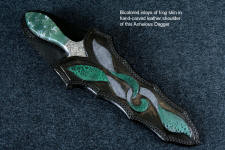 "Achelous" in ATS-34 high molybdenum stainless steel blade, hand-engraved 304 stainless steel bolsters, Indian Green Moss Agate gemstone handle, hand-carved leather sheath inlaid with frog skin