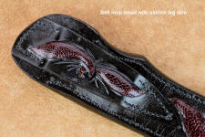 "Aldebaran" sheath, belt loop inlay detail in burgundy ostrich leg skin