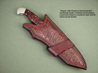 "Alegre" in Honduras Rosewood Burl hardwood handle, stainless bolsters, crossdraw style leather sheath, hand-carved, inlaid with brown lizard skin