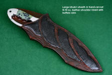 "Ananke" fine custom handmade knife, obverse side view in ATS-34 high molybdenum stainless steel blade, 304 stainless steel bolsters, Kambaba Jasper gemstone handle, hand-carved leather sheath inlaid with buffalo skin