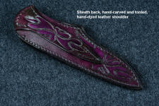 "Andromeda" sheathed view in T3 deep cryogenically treated CPM 154CM powder metal technology high molybdenum stainless steel blade, 304 stainless steel bolsters, Purple Turkish Jade gemstone handle, hand-carved, hand-dyed leather sheath