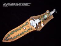 "Ariel" athame dagger in hand-stamped scabbard of leather. Knife handle is sterlling silver, stainless steel, nephrite jade gemstone