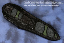 "Axia EL" fine handmade knife sheath back view  in T3 deep cryogenically treated CPM 154CM high mollybdenum powder metal technology martensitic stainless steel blade, 304 stainless steel bolsters, Linda Marie Moss Agate gemstone handle, hand-carved leather shoulder inlaid with green, black ray skin