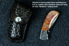 "Bellatrix" fine handmade custom folding knife with black basketweave durable pocket sheath