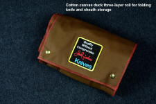 "Bellatrix" fine handmade custom folding knife and sheaths roll case, in triple layer cotton canvas duck in brown and red