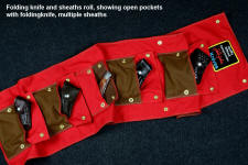 "Bellatrix" fine custom handmade folding knife and sheath roll, pocket details of inside. All edges are overstitched, each pocket is double layered attached to a triple layered backing