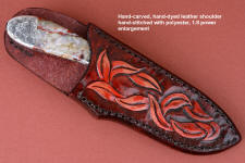 "Chicoma" obverse side view in 440C high chromium stainless steel blade, hand-engraved 304 stainless steel bolsters, Carnival Crazy Lace Agate gemstone  handle, hand-carved, hand-dyed leather sheath