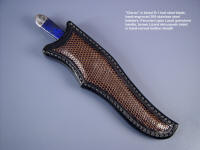 "Clarau" in blued steel blade, Lapis Lazuli (Lazurite) gemstone handle, hand-engraved stainless bolsters, Lizard skin inlay panels in hand-carved leather sheath