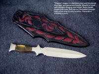 "Classic" dagger, sheath back detail. Note double belt loop arrangement for several positions on belt, decorative stitching