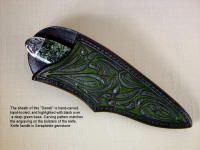 "Deneb" in 440C high chromium stainless steel blade, hand-engraved 304 stainless steel bolsters, Seraphinite gemstone handle, hand-carved, hand-tooled leather sheath