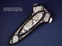 Python skin on back of sheath, and in belt loop inlays in Grim Reaper push dagger leather sheath