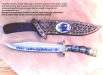 "Grizzly" bowie knife with snap/strap retention sheath, hand-stamped, with ivory scrimshawed front plate