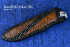 "Heracles" obverse side view in 440C high chromium stainless steel blade, 304 stainless steel bolsters, polished G10 fiberglass/epoxy composite handle, hand-tooled, hand-dyed leather sheath