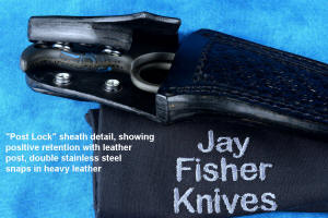 "Kairos" Tactical, Counterterrorism Knife, leather tab-lock sheath view in T3 cryogenically treated 440C high chromium martensitic stainless steel blade, 304 stainless steel bolsters, blue and black G10 fiberglass epoxy composite handle, hybrid tension-locking tab-lock sheath in kydex, anodized aluminium, stainless steel and titanium