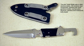 "The Kid" SERE hookblade knife in locking waterproof sheath with stainless steel components.