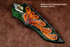 "Kita" obverse side view in 440C high chromium martenstic stainless steel, cryogenic treatment, 304 stainless steel bolsters, Ocean Jasper gemstone handle, hand-carved, hand-dyed leather sheath