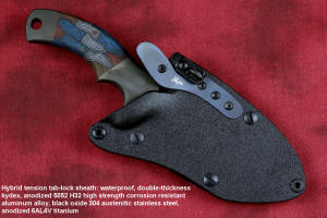"Krag" tactical, counterterrorism, crossver knife, hybrid tension tab-lock sheath view in ATS-34 high molybdenum martensitic stainless steel blade, 304 stainless steel bolsters, multicolored tortoiseshell  G10 fiberglass/epoxy composite handle, hybrid tension tab-locking sheath in kydex, anodized aluminum, black oxide stainless steel and anodized titanium