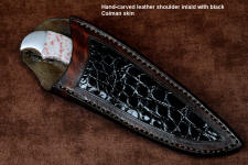 "Lacerta" fine handmade knife, in CPM154CM powder metal technology stainless steel blade, 304 stainless steel bolsters, Red Freckled Dolomite gemstone handle, hand-carved leather sheath inlaid with Caiman skin