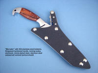 "Mercator" obverse side view: ATS-34 high molybdenum stainless steel blade, 304 stainless steel bolsters, Kingwood hardwood handle, locking kydex, aluminum, stainless steel sheath