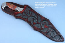 "Pallene" sheath front side view in CPM154CM high molybdenum powder metal technology tool steel blade, hand engraved, with hand-engraved 304 stainless steel bolsters, Brecciated Jasper gemstone handle, and a sheath of hand-carved leather inlaid with rayskin