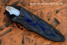 "Perseus" in 440C high chromium martensitic stainless steel blade, hand-engraved 304 stainless steel bolsters, blue lace agate gemstone handle, hand-carved, hand-dyed leather sheath