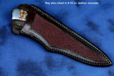 "Phact" fine handmade knife, in 440C high chromium stainless steel blade, 304 stainless steel bolsters, Poppy Jasper gemstone handle, hand-carved leather sheath inlaid with rayskin