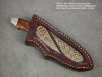 "Pluto" skinning knife with Prairie Rattlesnake inlaid knife sheath in hand-carved leather