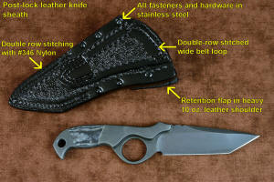 Leather post-lock knife sheath annotated photo with overview and details