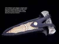 "Grim Reaper" push dagger sheath with Cobra skin inlays in hand-carved leather shoulder with strap/snap retention