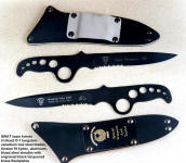 SWAT team knives: "Sabertooth" in engraved blued O-1 steel blades, skeletonized handles, kydex aluminum and blued steel tension fit kydex sheaths with engraved black lacquered brass flashplates