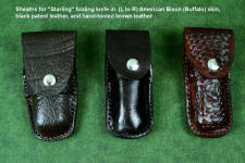 "Starling" fine handmade custom folding knife sheaths in American Bison (Buffalo) skin, black patent leather, and brown camouflage leather and stainless steel