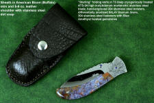 "Starling" fine handmade custom folding knife with American Bison Skin and leather pocket sheath in 5-6 oz. shoulder, nylon, stainless steel